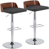 Maya Adjustable Swivel Bar Stool in Chrome, Walnut Wood & Charcoal Fabric (Set of 2)